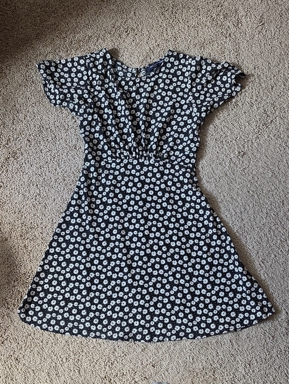 Black Daisy-Print Mini Dress With Back Cutout
